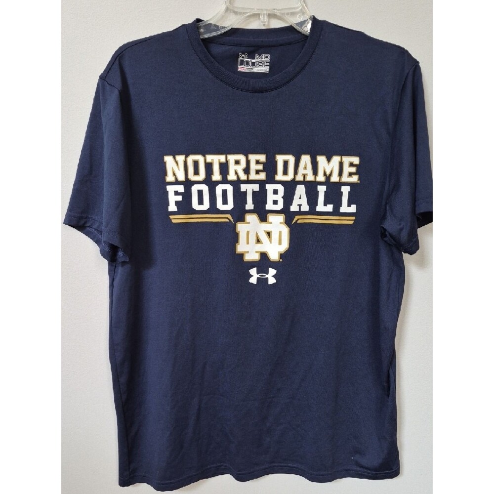 NCAA Under Armour Shirt Mens M Heat Gear Notre Dame Football Logo Tee Navy